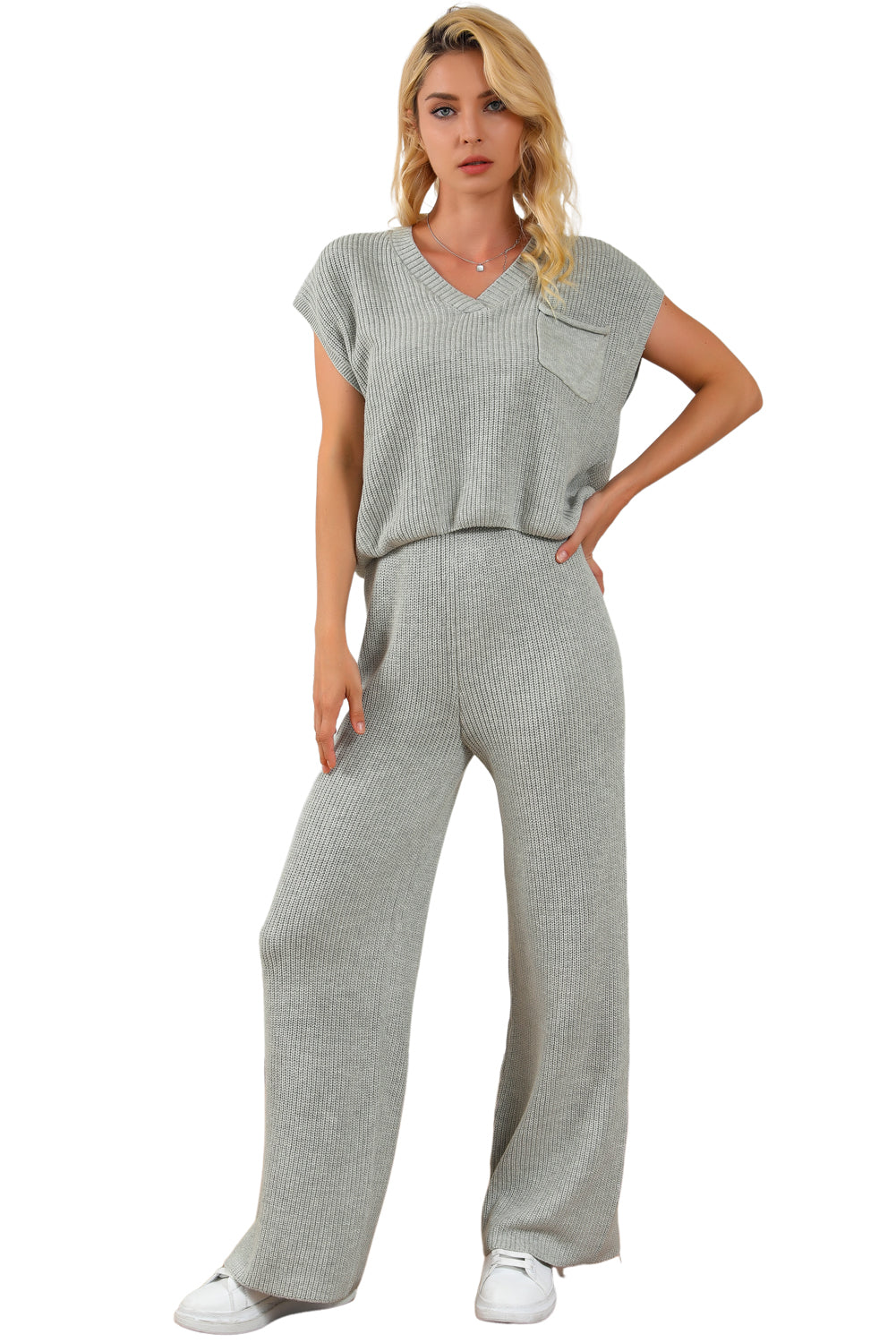 Gray Knitted V Neck Sweater and Casual Pants Set Bottoms JT's Designer Fashion