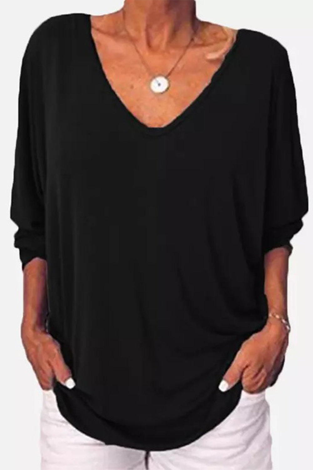 Black Button Decor Loose Fit V Neck Top Tops & Tees JT's Designer Fashion