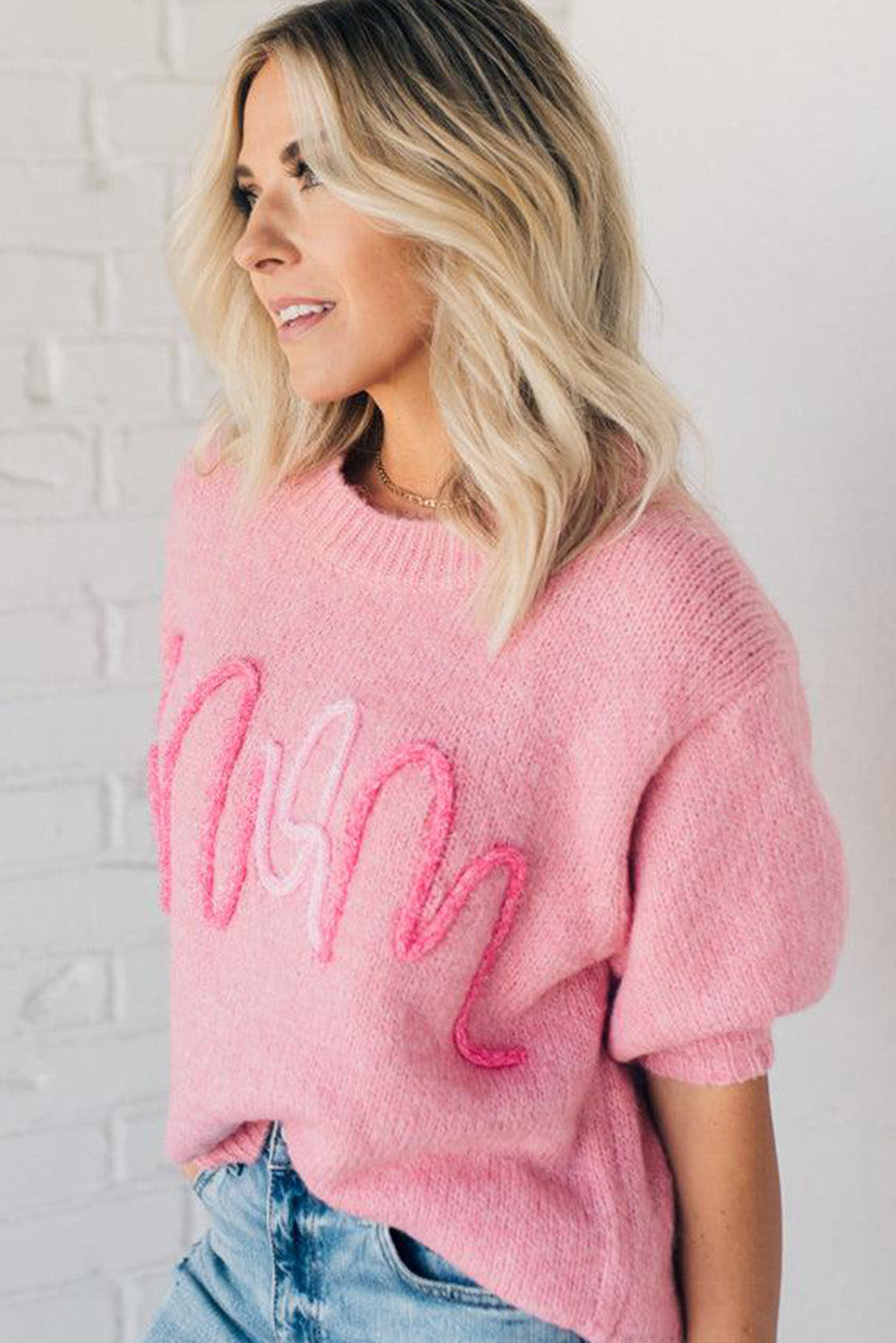 Pink MOM Lettering Short Puff Sleeve Knitted Sweater Pre Order Sweaters & Cardigans JT's Designer Fashion