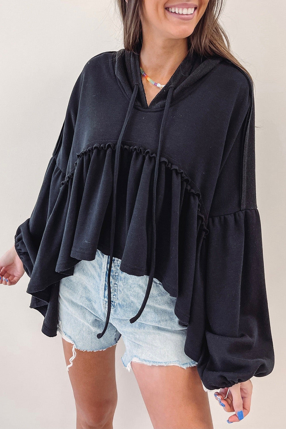 Black Oversized Ruffled High Low Hem Drop Shoulder Hoodie Tops & Tees JT's Designer Fashion