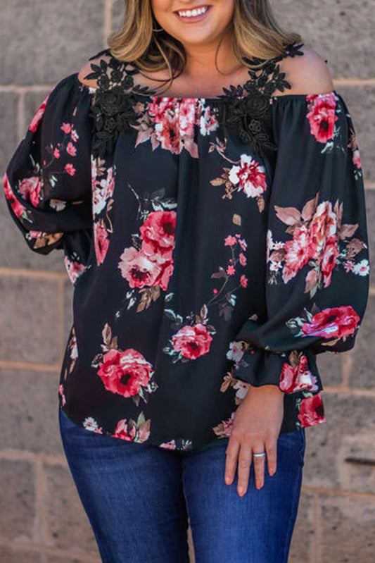 Navy Blue Plus Size Crochet Detail Cold shoulder Floral Blouse Plus Size JT's Designer Fashion