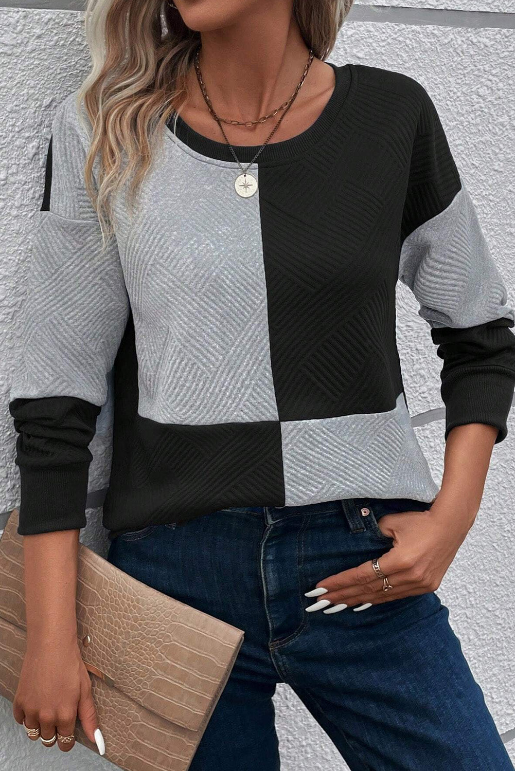 Black Color Block Textured Drop Shoulder Crewneck Top Tops & Tees JT's Designer Fashion