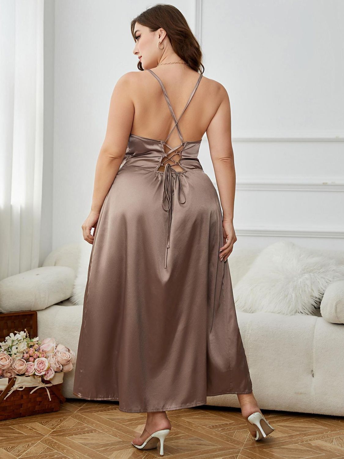 Plus Size Lace-Up Spaghetti Strap Split Night Dress Plus Size Dresses JT's Designer Fashion
