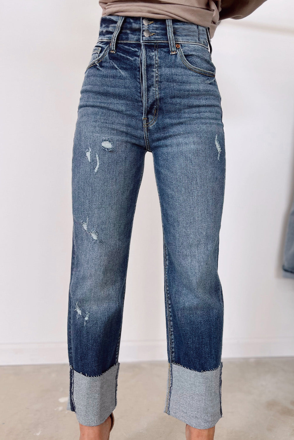 Blue High Waist Distressed Straight-Leg Jeans Bottoms JT's Designer Fashion