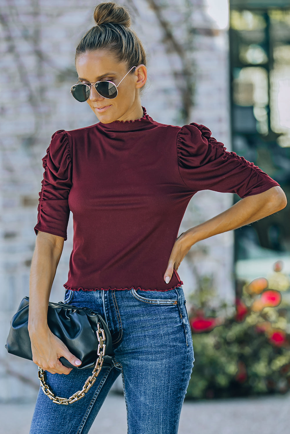 Red Frilled High Neck Ruched Puff Sleeve Top Long Sleeve Tops JT's Designer Fashion