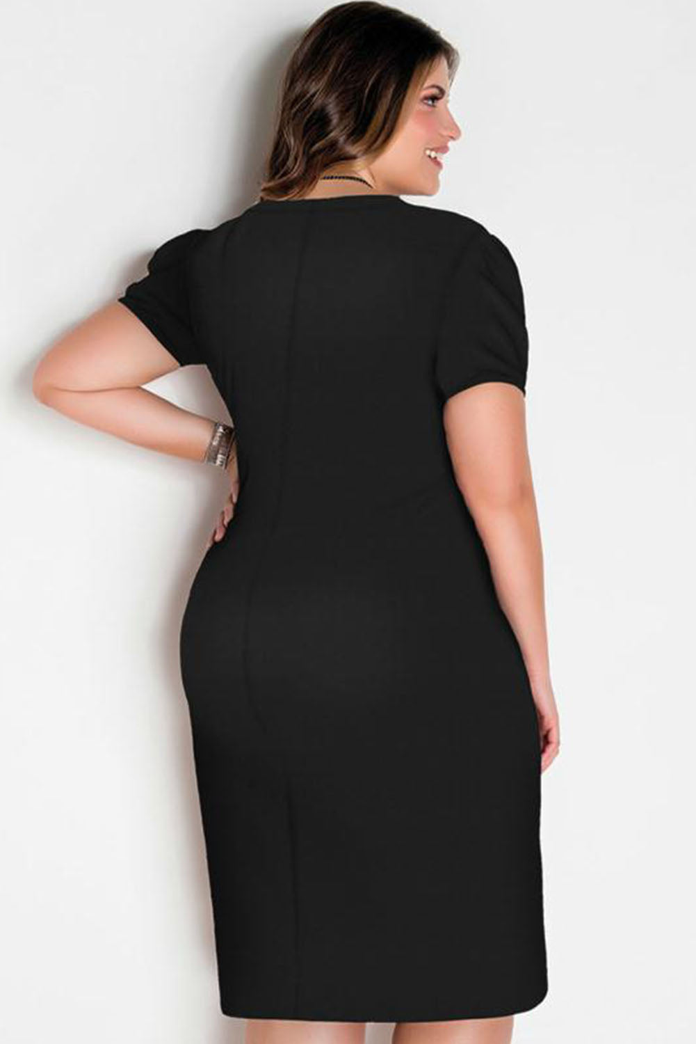 Black Square Neck Bubble Sleeve Plus Size Midi Dress Plus Size JT's Designer Fashion