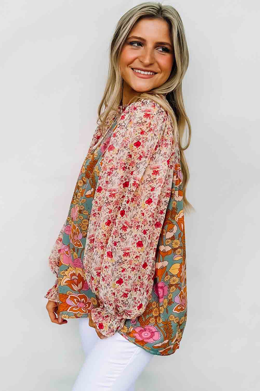 Multicolor Lace Trim Contrast Floral Long Puff Sleeve Blouse Tops & Tees JT's Designer Fashion