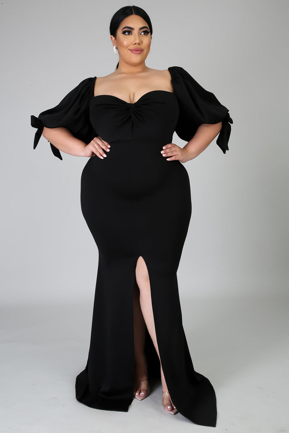 Black Bow Tie Puff Sleeve Plus Size High Slit Maxi Dress Plus Size Dresses JT's Designer Fashion