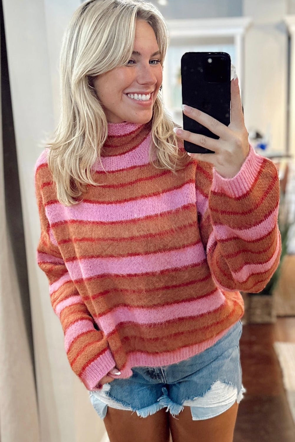 Pink Striped Knit High Neck Drop Shoulder Sweater Pre Order Sweaters & Cardigans JT's Designer Fashion