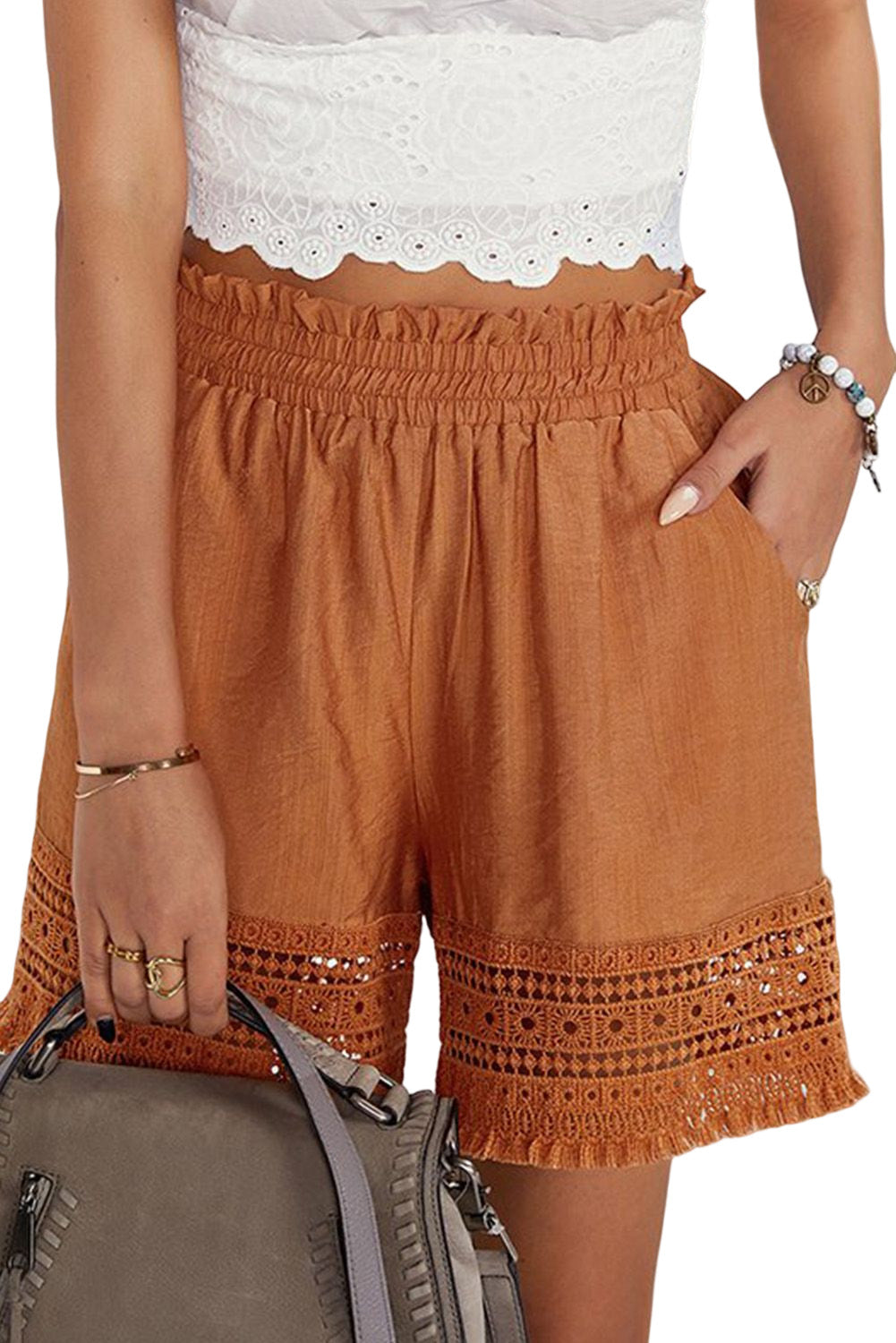 Brown Smocked Waist Crochet Hem Casual Loose Shorts Casual Shorts JT's Designer Fashion