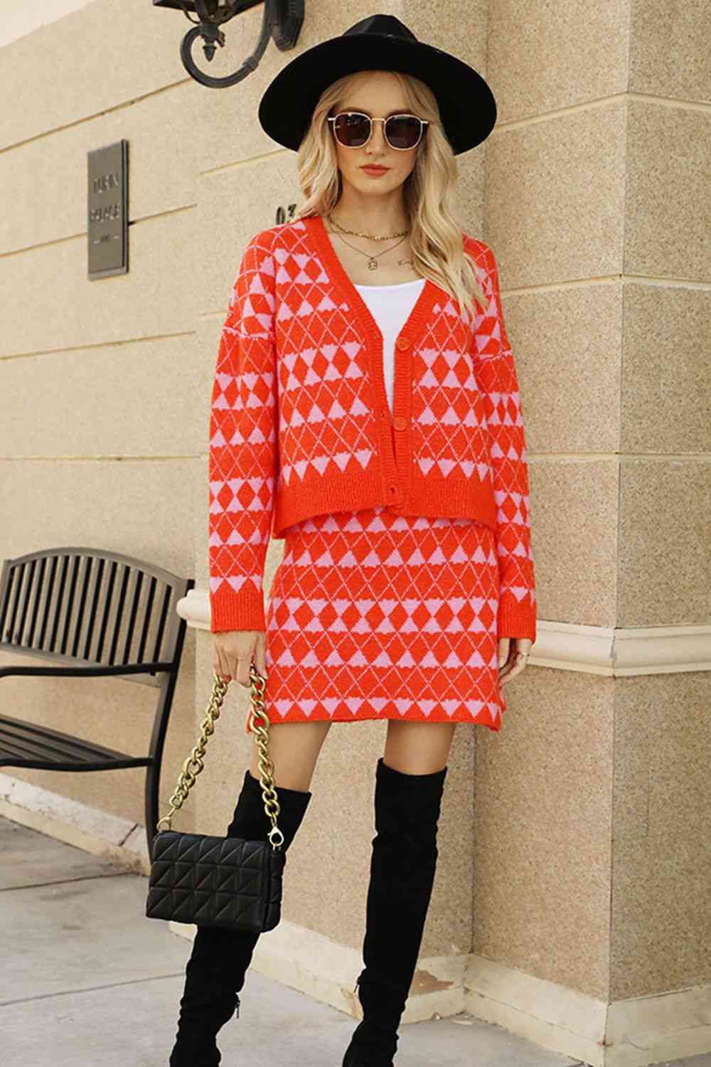 Geometric Dropped Shoulder Cardigan and Knit Skirt Set Sweater Dresses JT's Designer Fashion