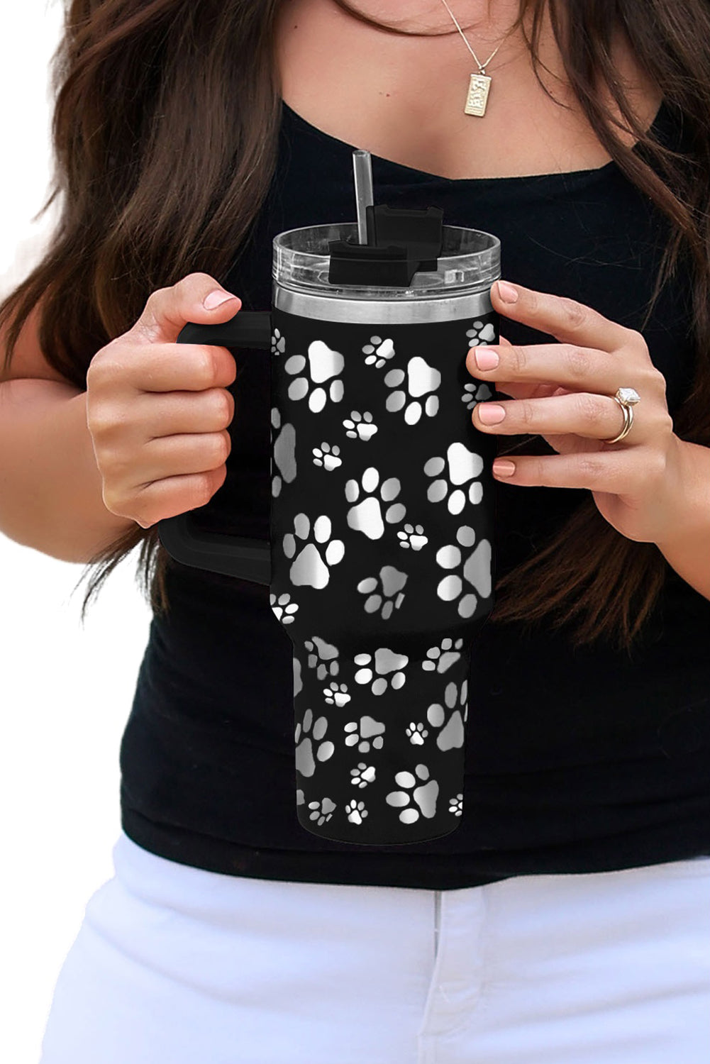 Black 40oz Cat Paw Print 304 Stainless Steel Thermos Cup Tumblers JT's Designer Fashion