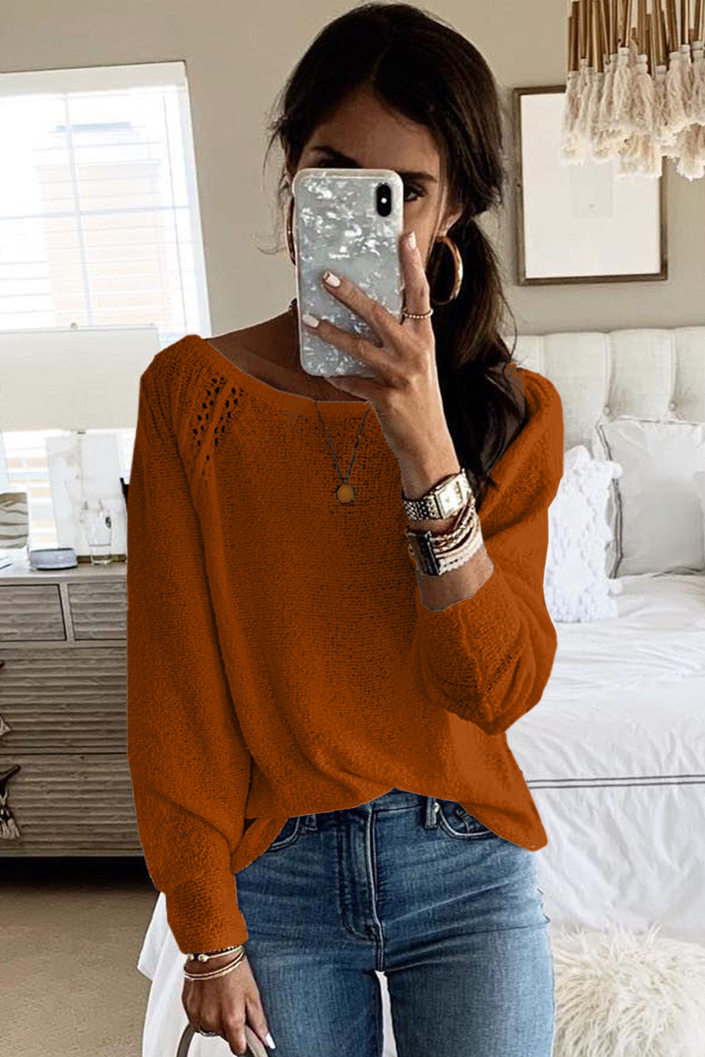 Brown White Long Sleeve Cutout Shoulder Relaxed Sweater Tops & Tees JT's Designer Fashion