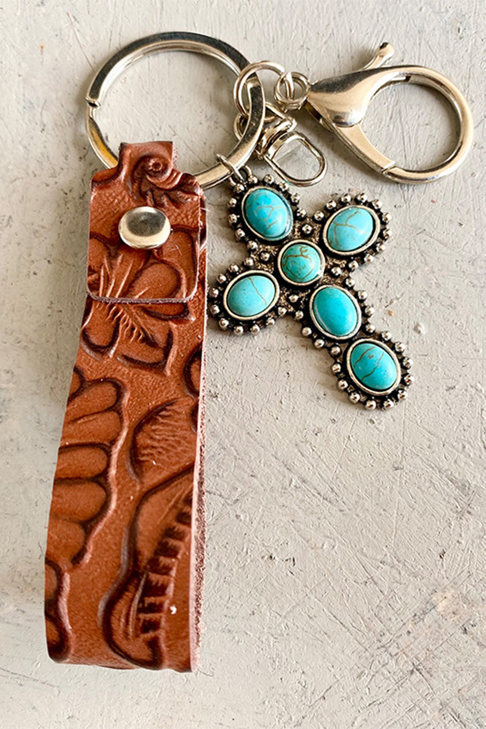 Brown Vintage Embossed Turquoise Leather Key Chain Other Accessories JT's Designer Fashion