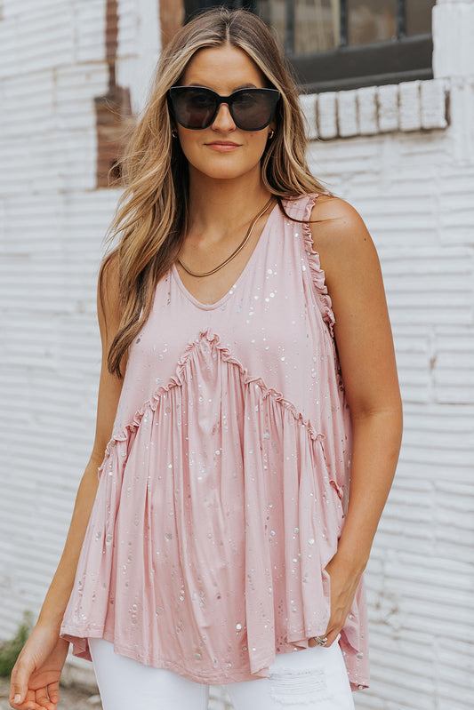 Pink Foil Splatter Drops Ruffled Flowy Tank Pink 95%Polyester+5%Elastane Tank Tops JT's Designer Fashion