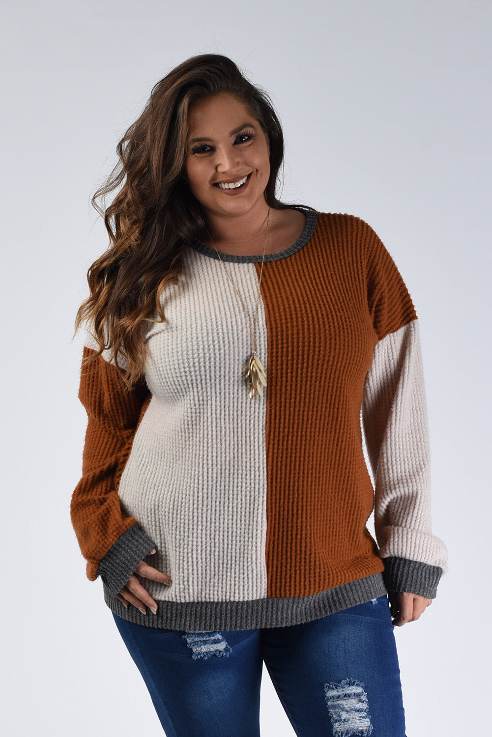 Chestnut Color Block Waffle Knit Drop Sleeve Plus Size Top Plus Size JT's Designer Fashion