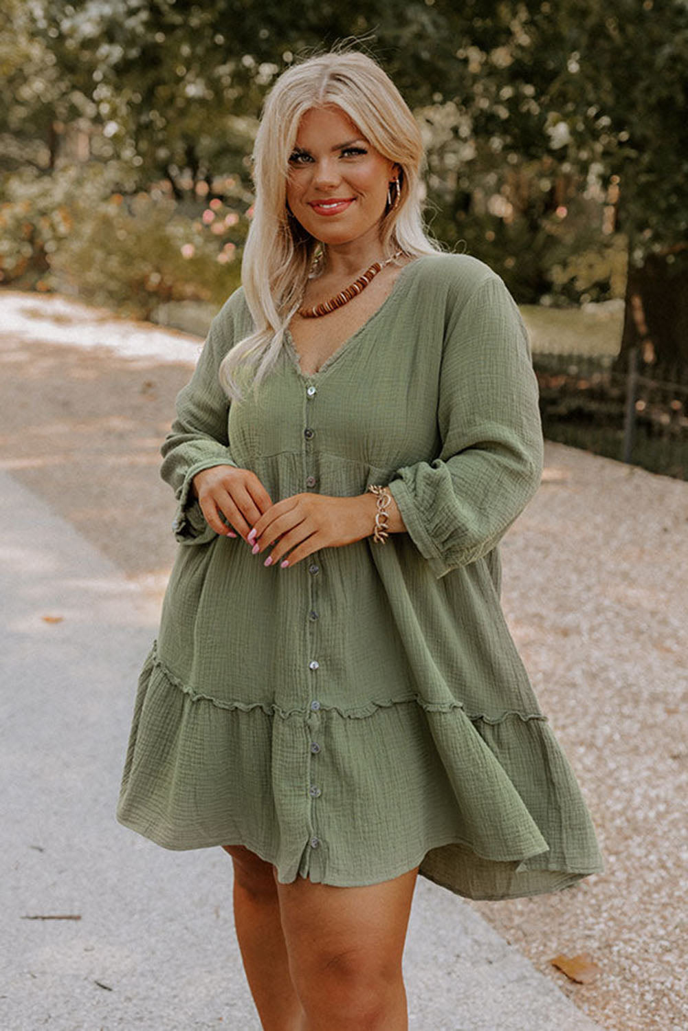 Green Textured Ruffled Buttoned V Neck Plus Size Mini Dress Plus Size JT's Designer Fashion