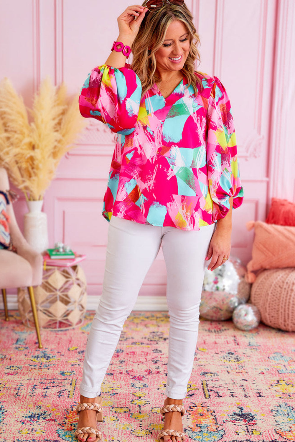 Pink Plus Size Graffiti Print Split Neck Puff Sleeve Blouse Plus Size JT's Designer Fashion