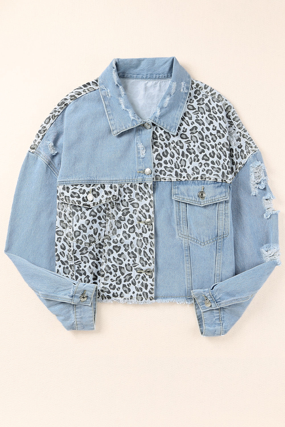 Blue Plus Size Leopard Ripped Cropped Denim Jacket Plus Size Tops JT's Designer Fashion