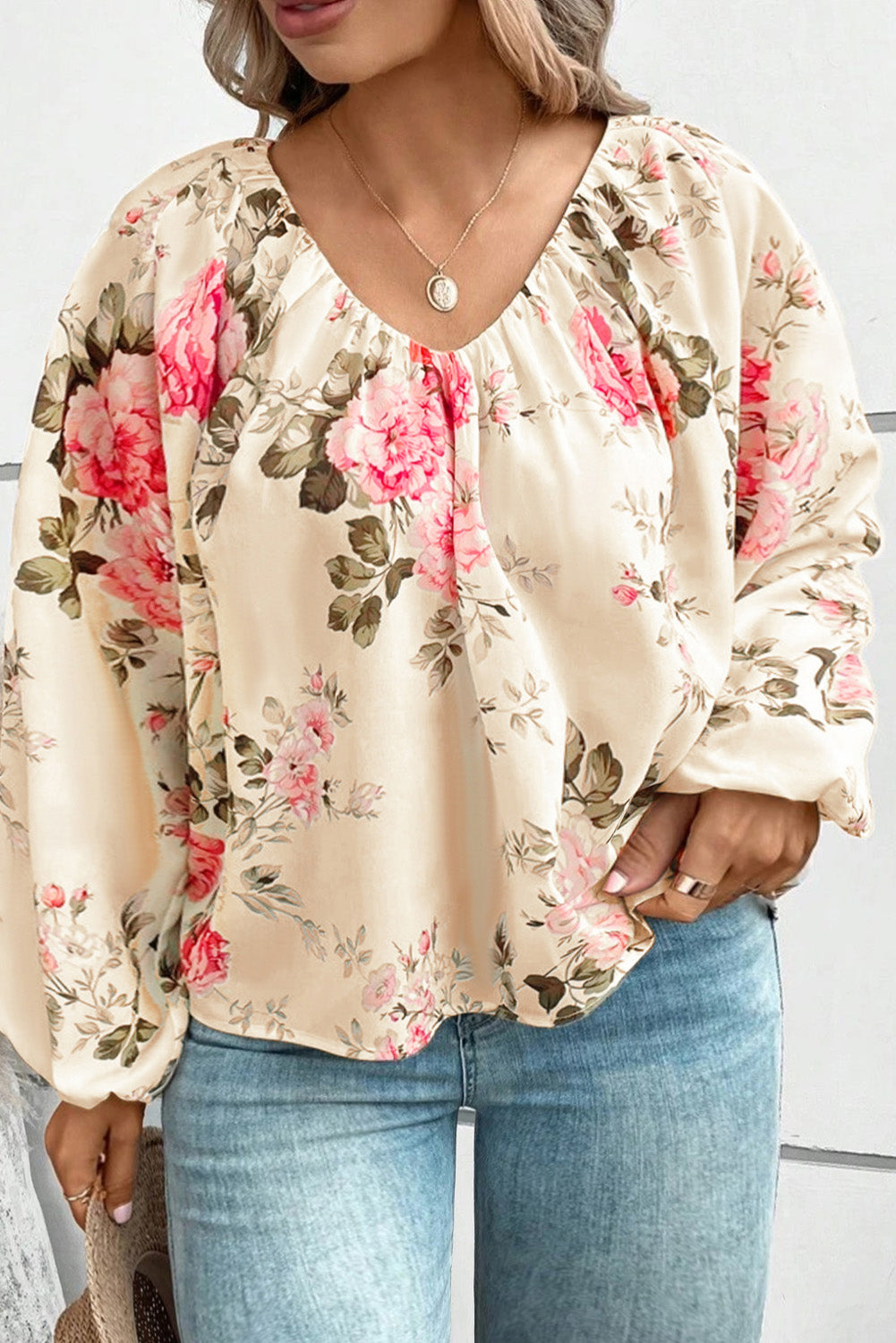 Apricot Printed Plus Size Floral V Neck Puff Sleeve Blouse Plus Size JT's Designer Fashion