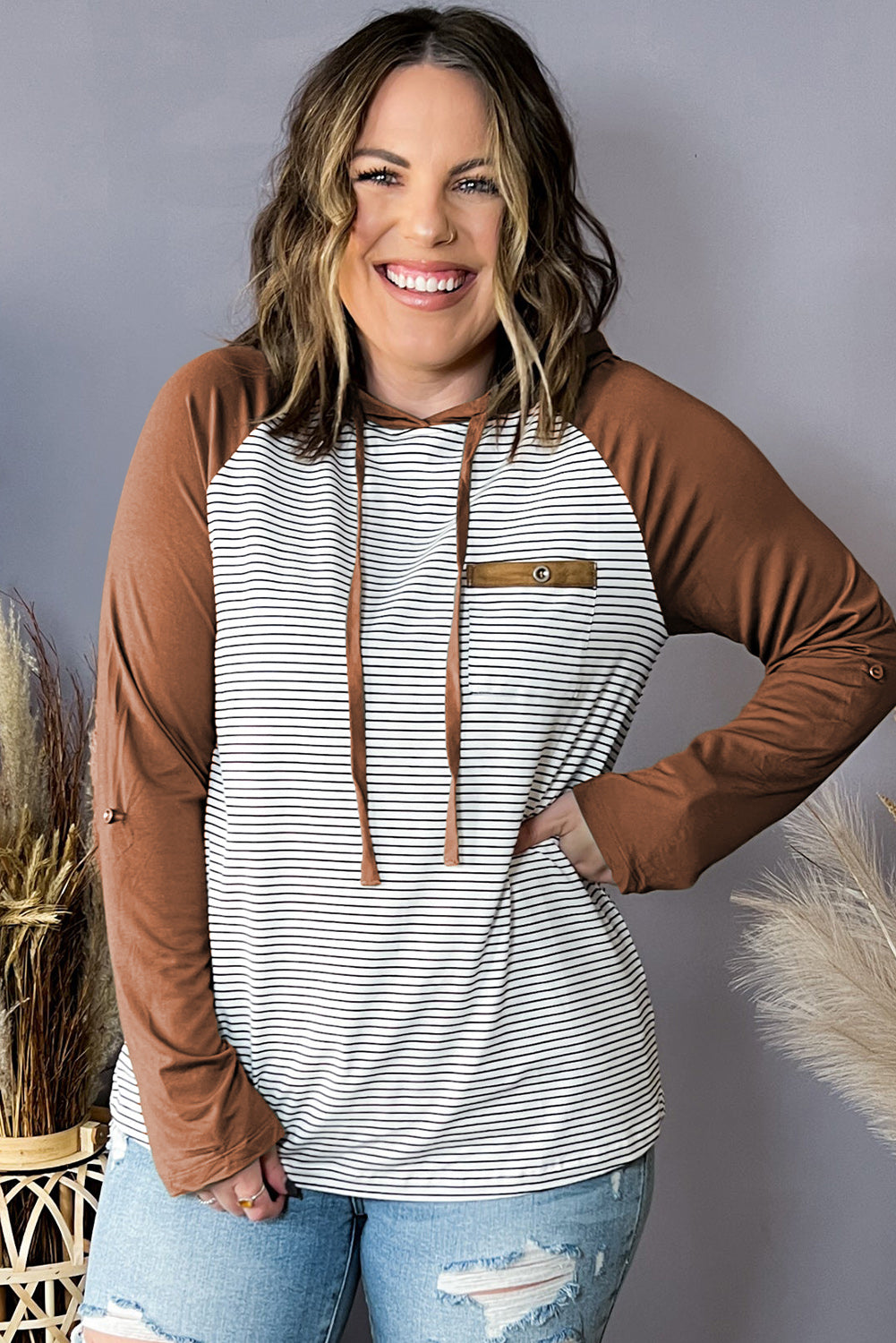 Brown Green Striped Raglan Sleeve Buttoned Pocket Plus Size Hoodie Plus Size JT's Designer Fashion