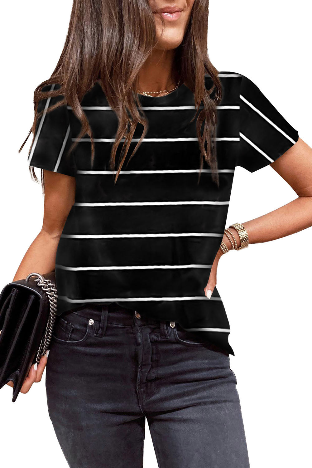 Black Round Neck Striped Print T-shirt Tops & Tees JT's Designer Fashion