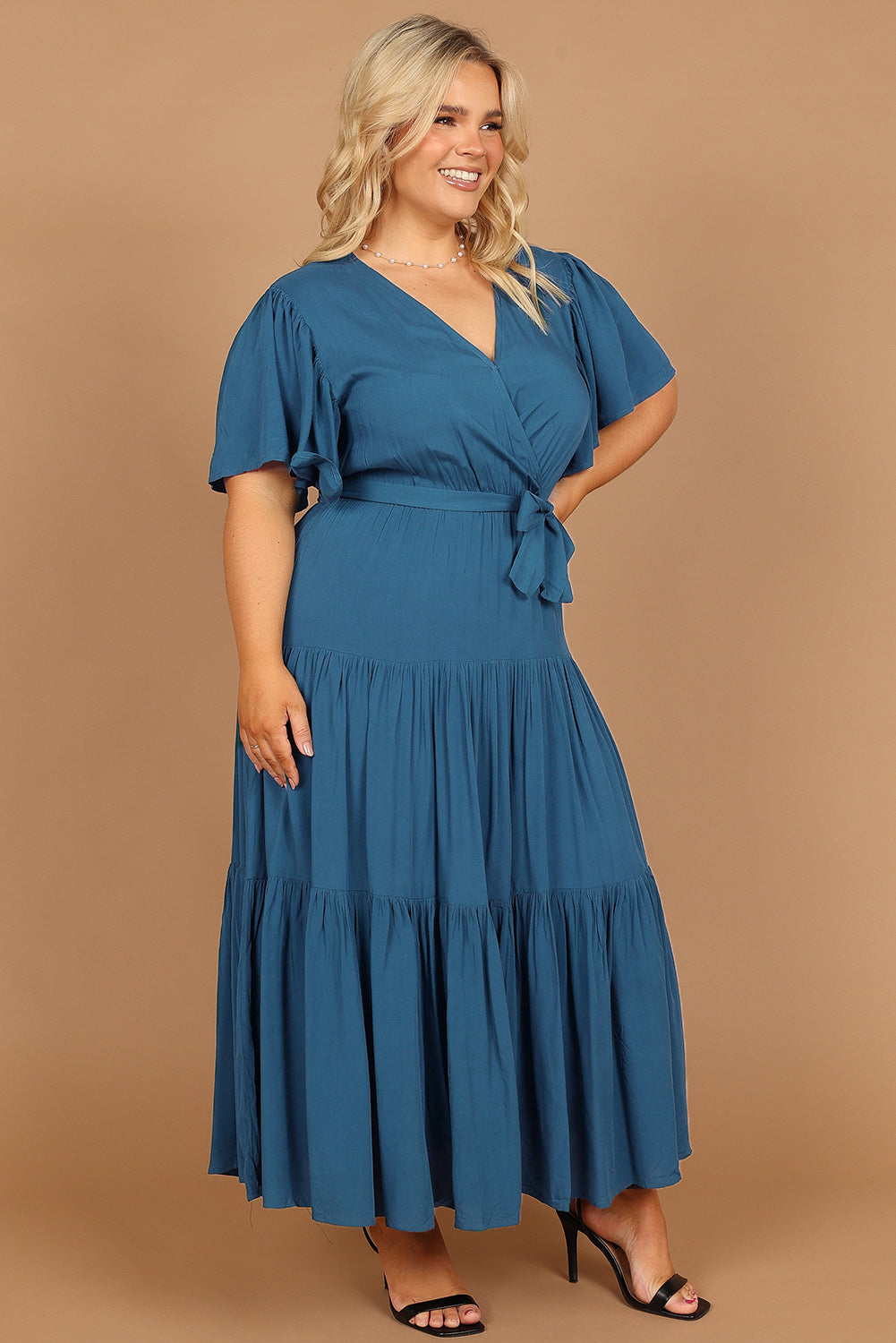 Green Plus Size Pleated Lace-up V Neck Wrap Maxi Dress Plus Size Dresses JT's Designer Fashion