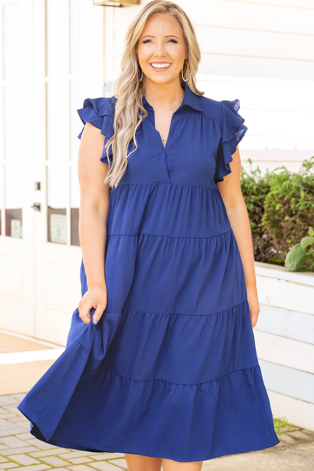 Blue Plus Size Ruffled Tiered A-line Midi Dress Plus Size Dresses JT's Designer Fashion