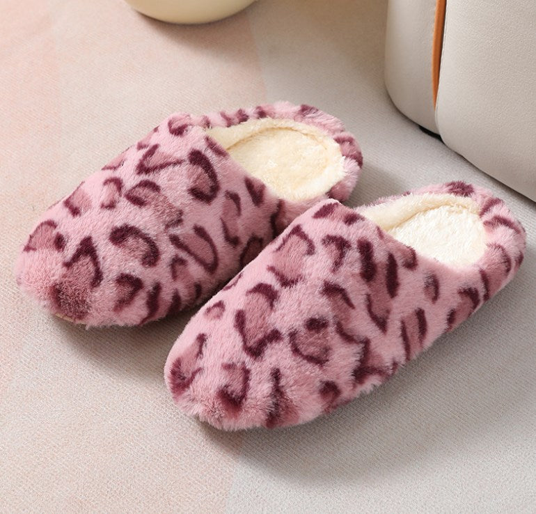 Dark Pink Leopard Print Fuzzy Home Slippers Slippers JT's Designer Fashion