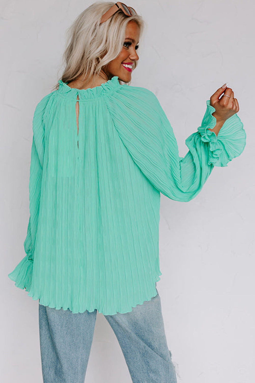 Green Striking Pleated Flared Cuff Long Sleeve Blouse Tops & Tees JT's Designer Fashion