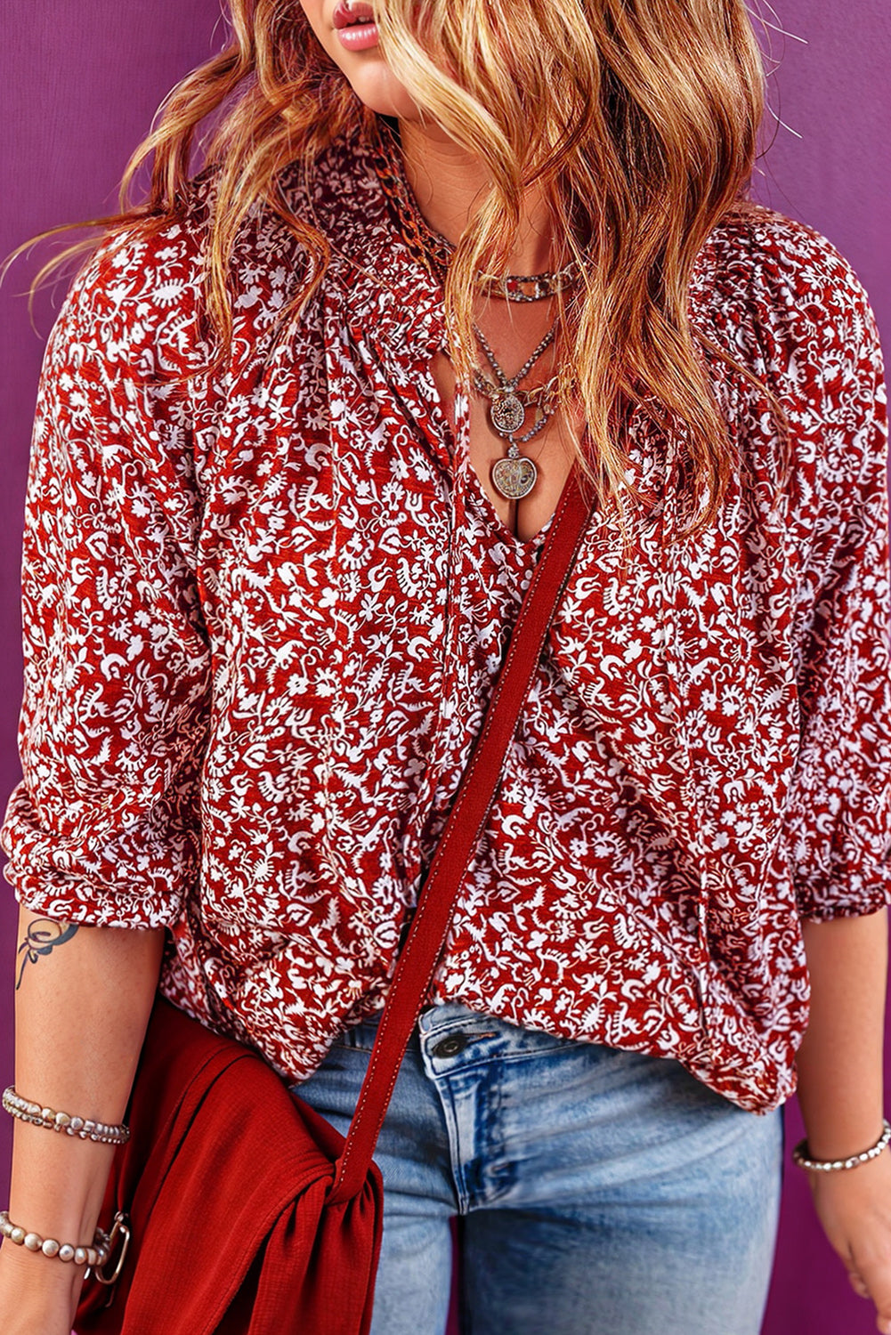 Red Plus Floral Split Neck Long Sleeve Blouse Plus Size JT's Designer Fashion