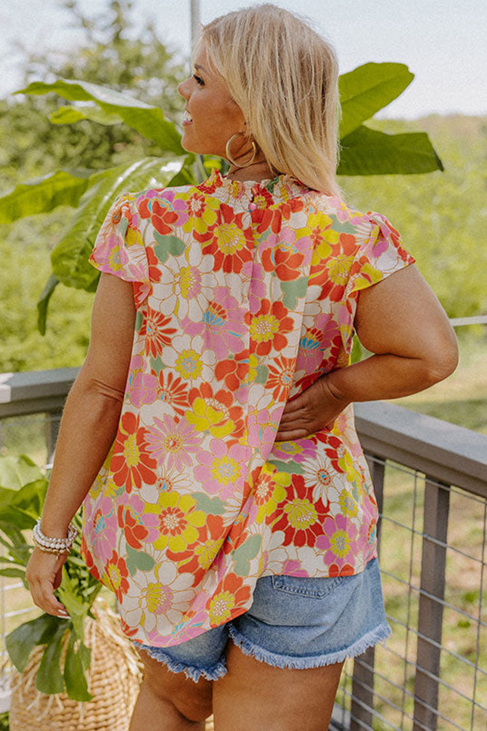 Multicolor Plus Size Mock Neck Ruffle Sleeve Floral Blouse Plus Size Tops JT's Designer Fashion