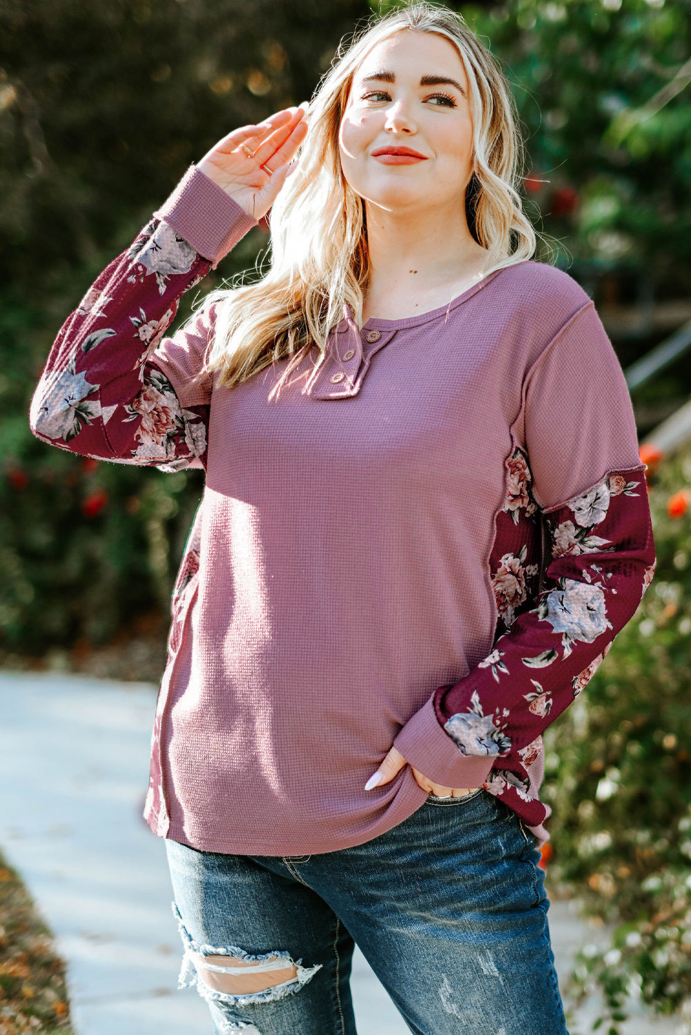 Purple Plus Size Floral Patch Long Sleeve Seamed Henley Top Plus Size JT's Designer Fashion