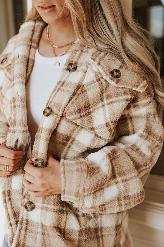 Khaki Sherpa Plaid Button Pocketed Jacket Coats & Jackets JT's Designer Fashion