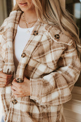 Khaki Sherpa Plaid Button Pocketed Jacket Coats & Jackets JT's Designer Fashion