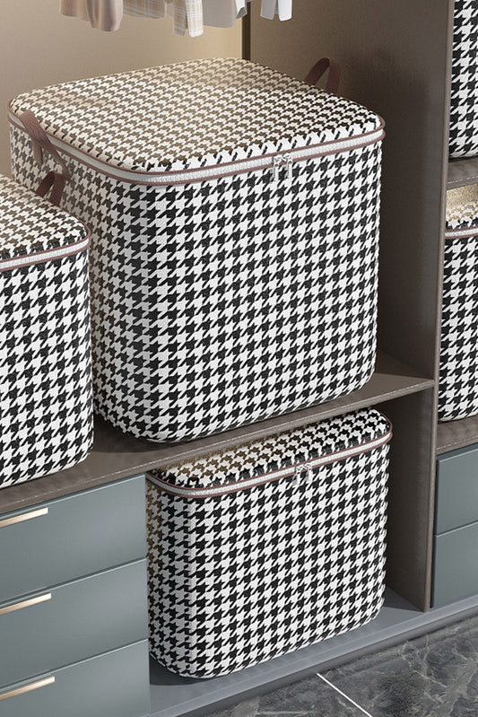 White Foldable Houndstooth Zipped Canvas Storage Box Other Accessories JT's Designer Fashion