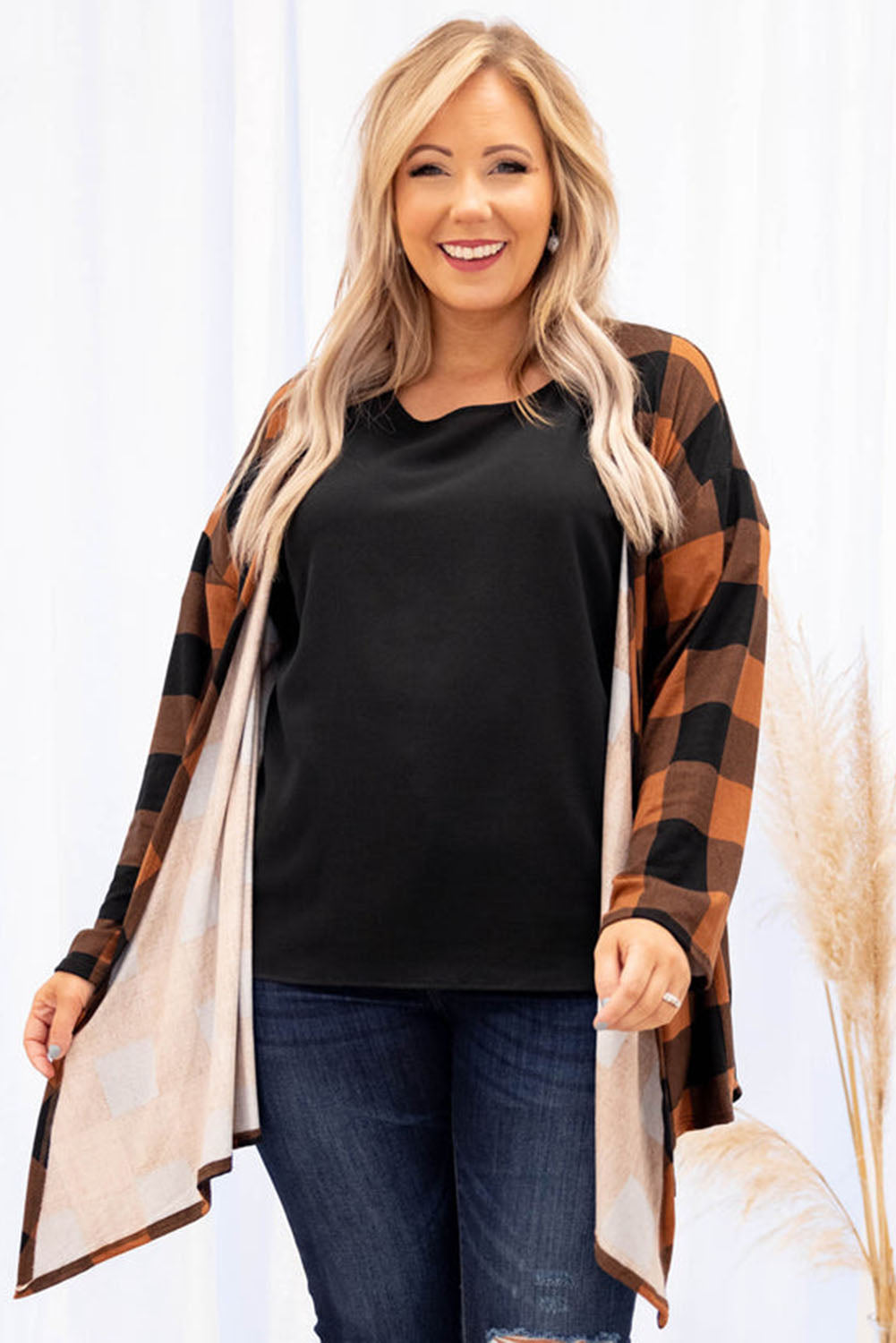 Brown Plus Size Plaid Pattern Open Front Cardigan Plus Size JT's Designer Fashion