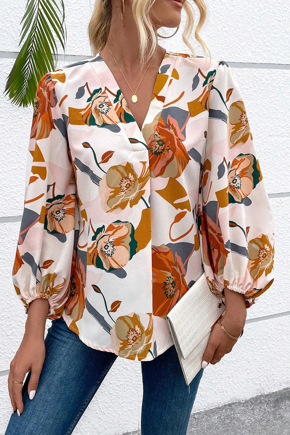 White Floral Print Lantern Sleeve Blouse Tops & Tees JT's Designer Fashion