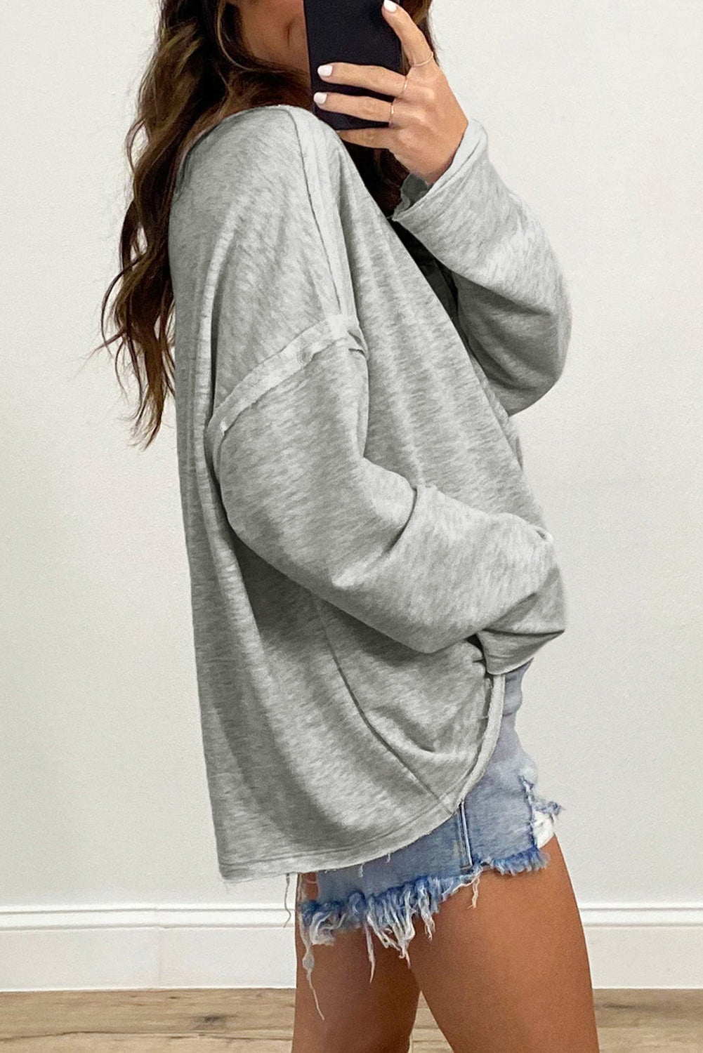 Gray Pocketed Oversized Drop Sleeve Top Long Sleeve Tops JT's Designer Fashion