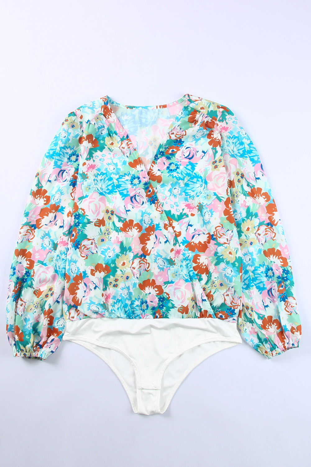 Sky Blue Floral Print Wrap Long Sleeve Bodysuit Bodysuits JT's Designer Fashion