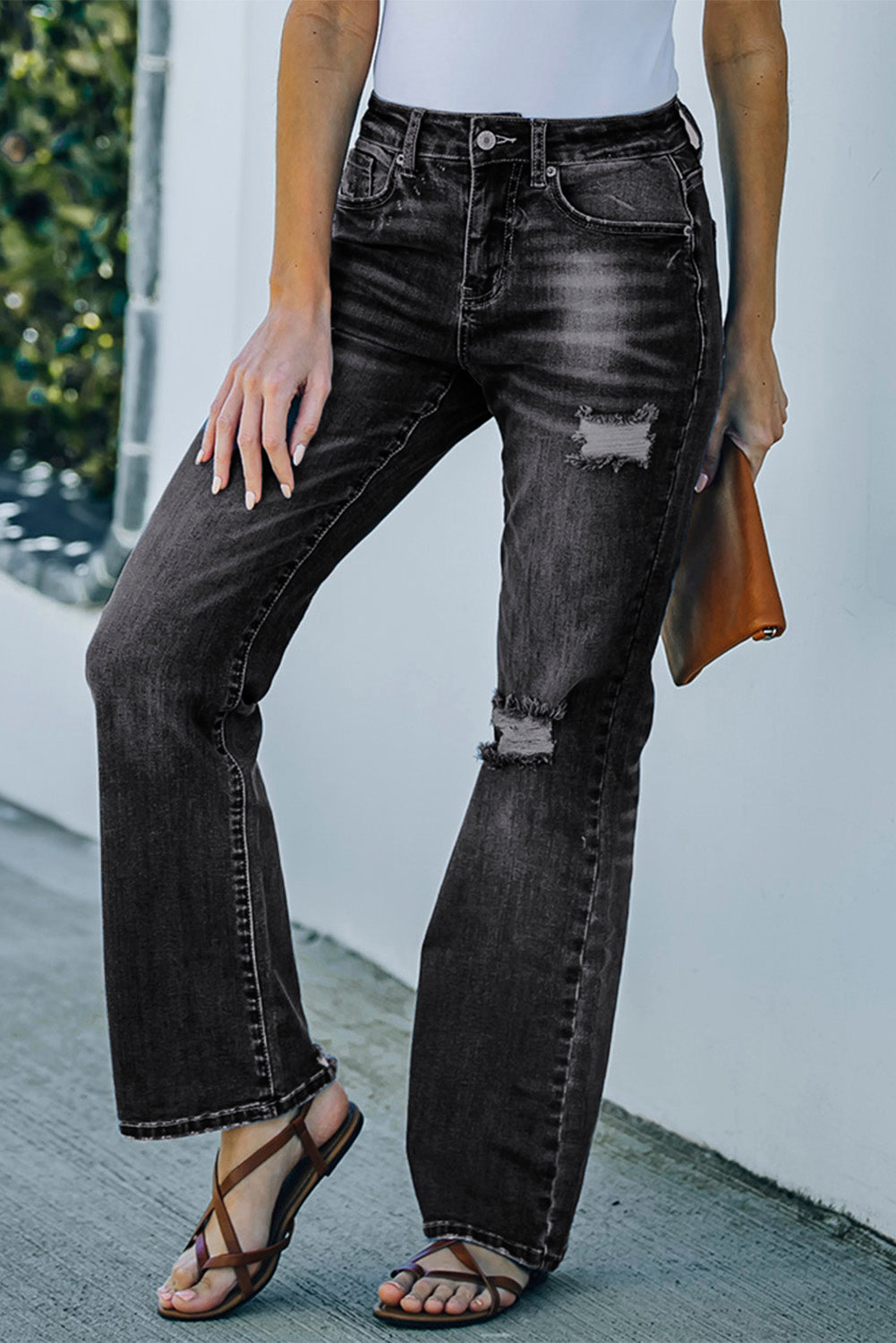 Black High Rise Washed Distressed Flare Jeans Jeans JT's Designer Fashion