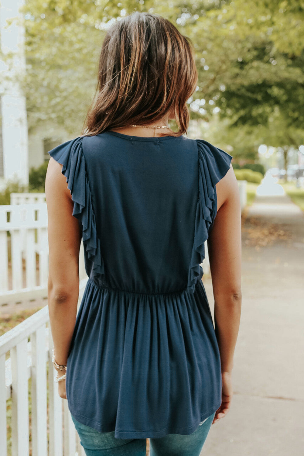 Blue Ruched Flounce V Neck Sleeveless Peplum Top Tank Tops JT's Designer Fashion