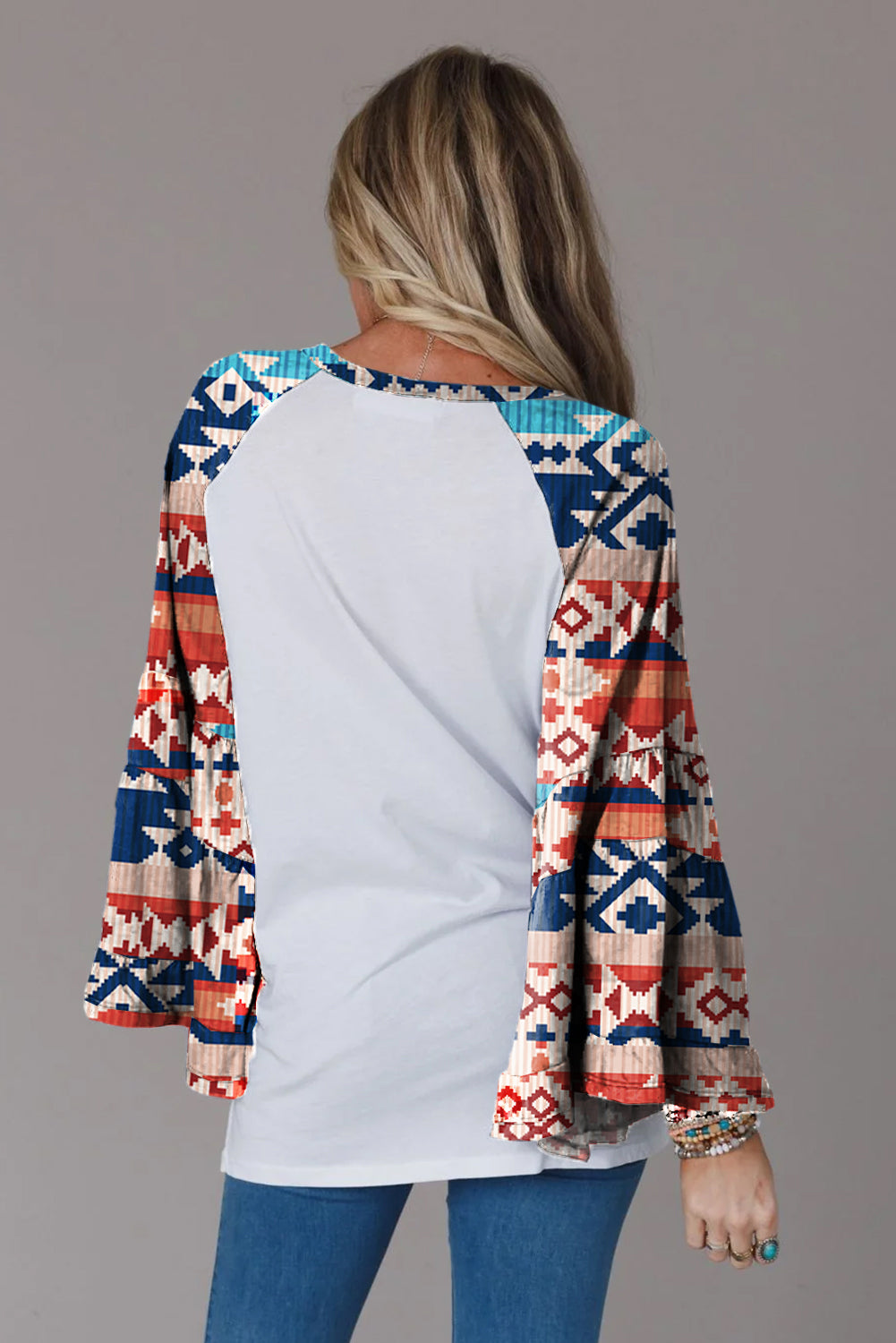 Multicolor Floral/Geometric Print Raglan Sleeve Split Top Tops & Tees JT's Designer Fashion