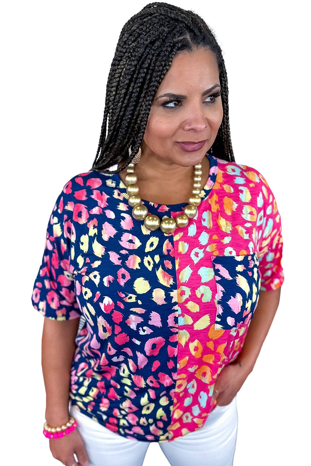 Plus Size Leopard Colorblock Short Sleeve Top Plus Size Tops JT's Designer Fashion