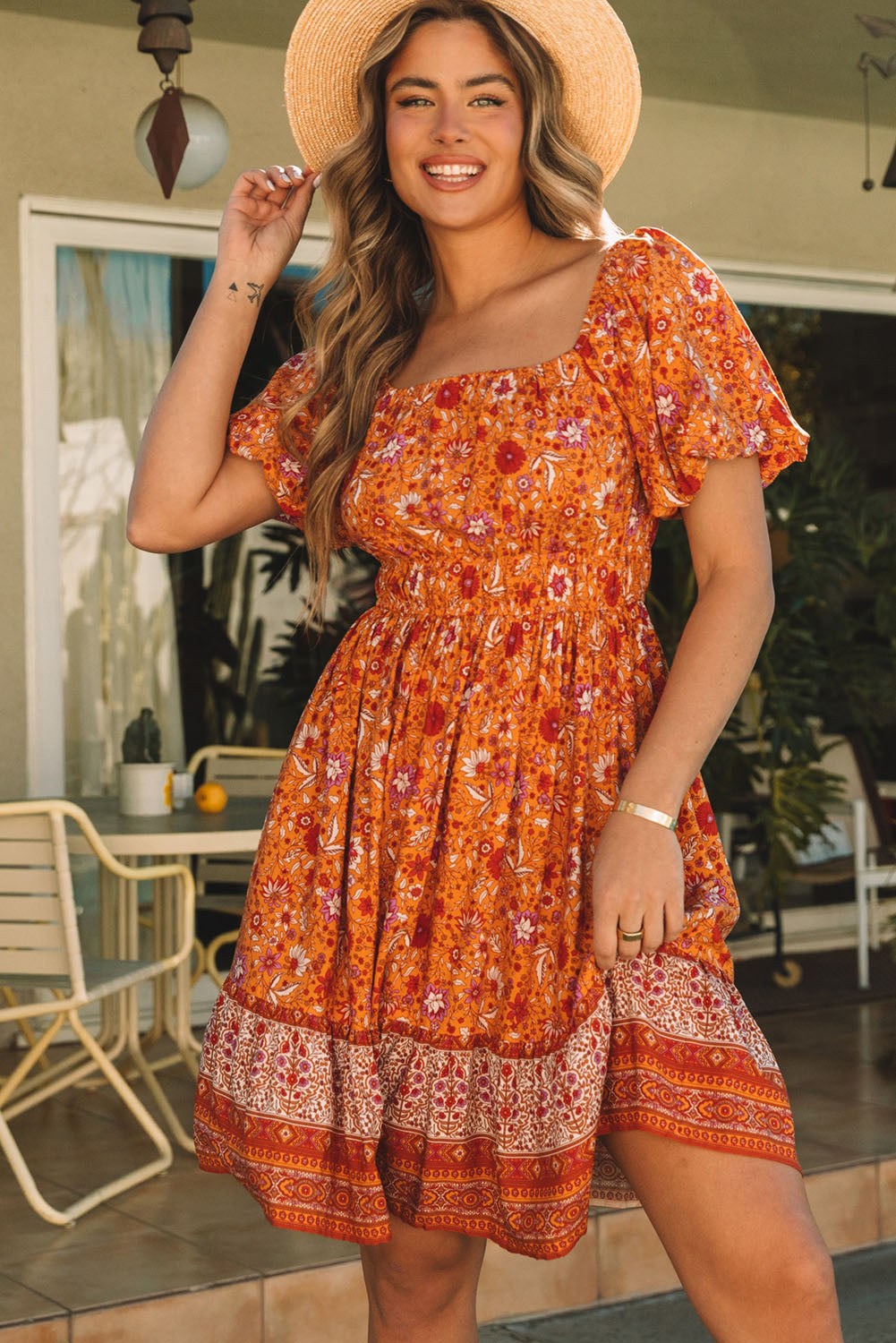 Orange Square Neck Puff Sleeves Flowy Floral Dress Floral Dresses JT's Designer Fashion