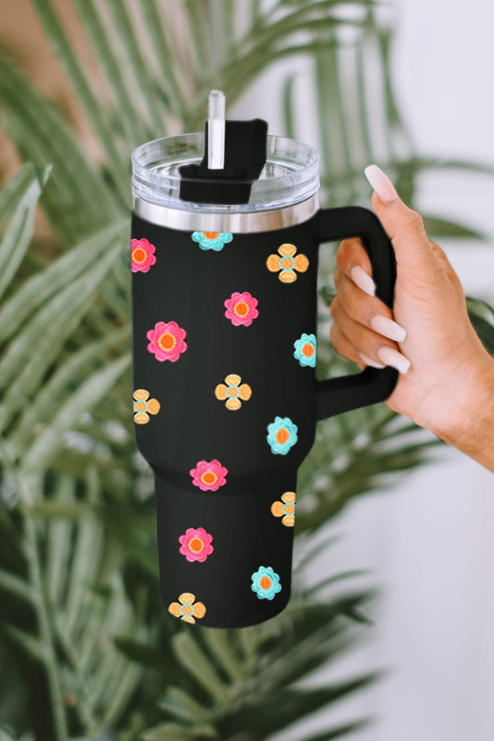 Black Cute Florets 304 Stainless Double Layer Thermos Cup Tumblers JT's Designer Fashion