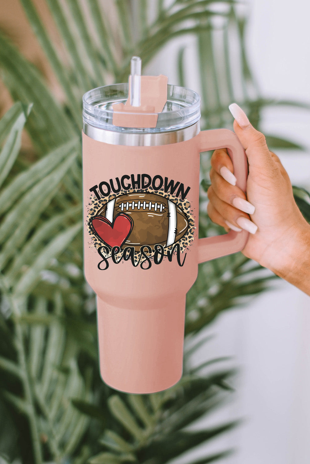 Pink Rugby Heart Leopard Print Handle Insulated Cup with Straw Tumblers JT's Designer Fashion