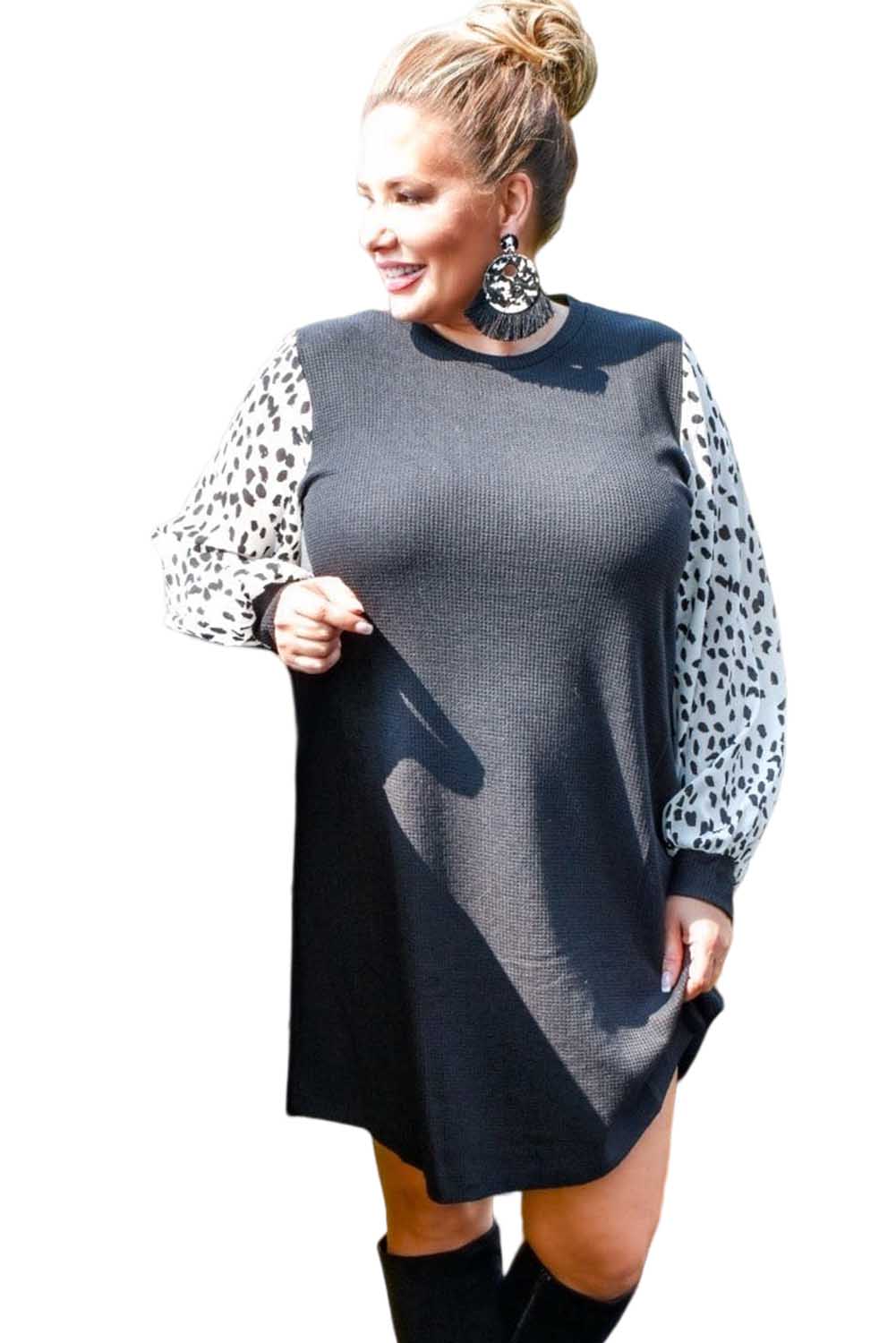 Black Animal Spotted Puff Sleeve Plus Size Waffle Dress Plus Size JT's Designer Fashion