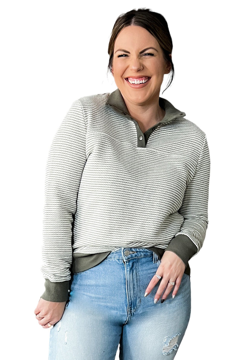 Green Striped Contrasting Trim Plus Size Henley Pullover Plus Size JT's Designer Fashion