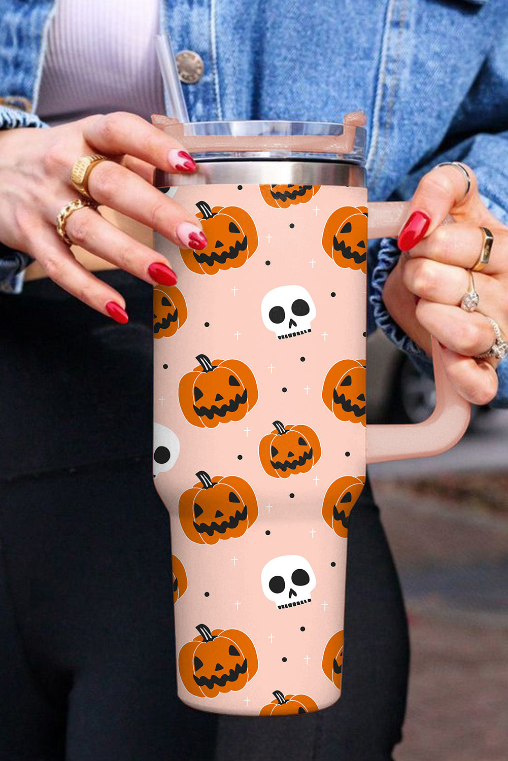 Orange Halloween Pumpkin Skull Print Handle Straw Tumbler Tumblers JT's Designer Fashion